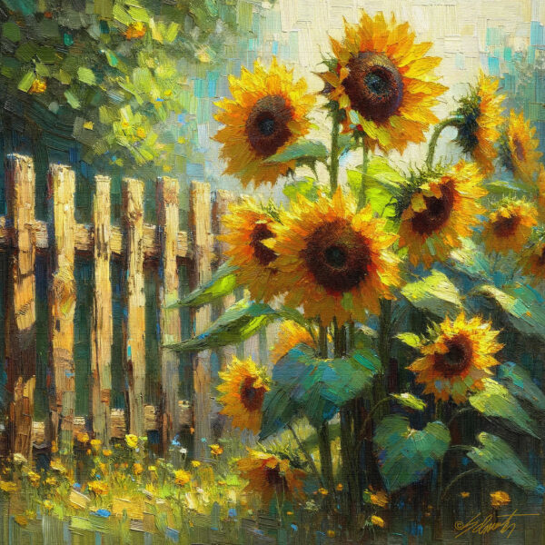 Backyard Sunflowers flowers acrylic 40x40 by Sam Schwartz