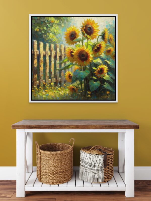 Backyard Sunflowers flowers acrylic 40x40 by Sam Schwartz room