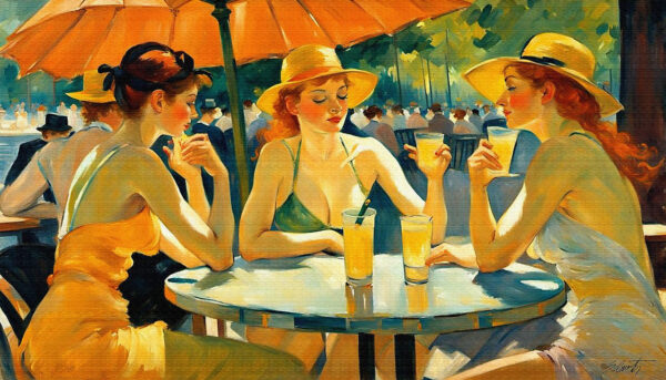 Cafe Lunch women acrylic 70x40 by Sam Schwartz