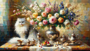 Cat Flowers stilllife acrylic 70x40 by Sam Schwartz