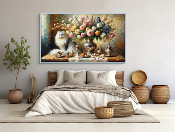 Cat Flowers stilllife acrylic 70x40 by Sam Schwartz room