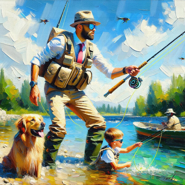 Dad Fishing activities acrylic 40x40 by Sam Schwartz scaled