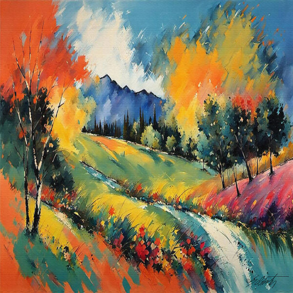 Fast Valley landscape acrylic 40x40 by Sam Schwartz