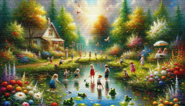 Frog Pond children acrylic 70x40 by Sam Schwartz