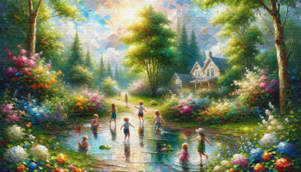 Kids Pond children acrylic 70x40 by Sam Schwartz