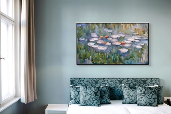 Lilly Pond flowers acrylic 70x40 by Sam Schwartz room