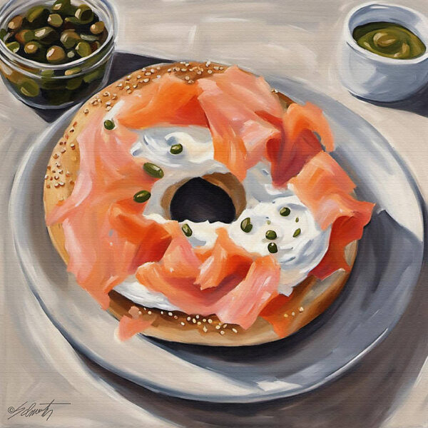 Lox Bagel food acrylic 40x40 by Sam Schwartz