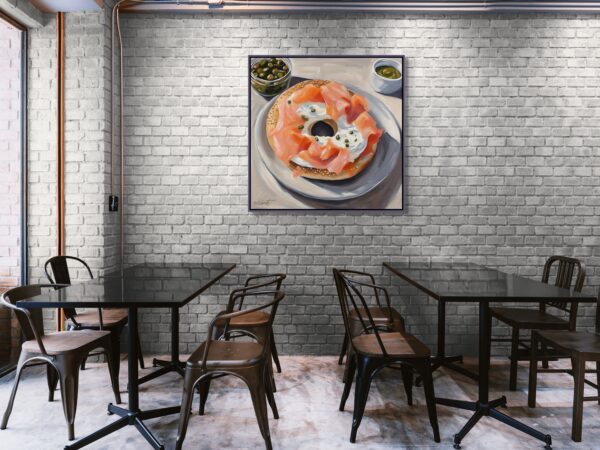 Lox Bagel food acrylic 40x40 by Sam Schwartz room