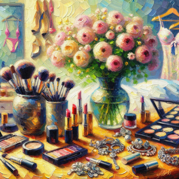 Make Me Up stilllife acrylic 40x40 by Sam Schwartz