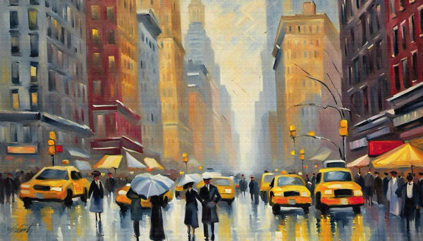 NY Cabs landscape acrylic 70x40 by Sam Schwartz