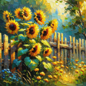 Neighbors Sun flowers acrylic 40x40 by Sam Schwartz