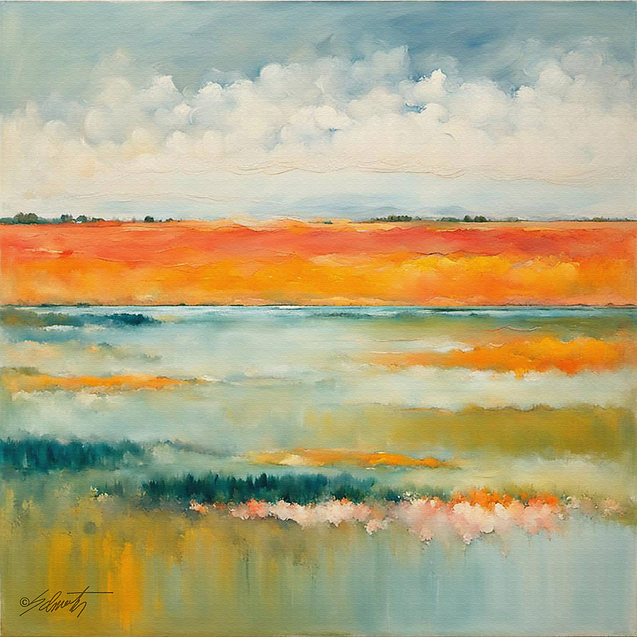 Orange Ponds abstract acrylic 40x40 by Sam Schwartz scaled