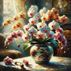 Orchid White Vase flowers acrylic 40x40 by Sam Schwartz