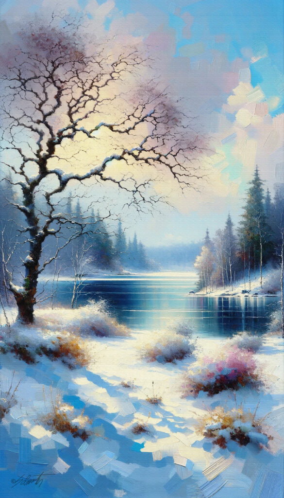 Pastel Winter landscape acrylic 40x70 by Sam Schwartz