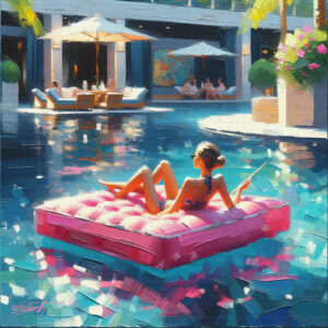 Pink Floaty women acrylic 40x40 by Sam Schwartz