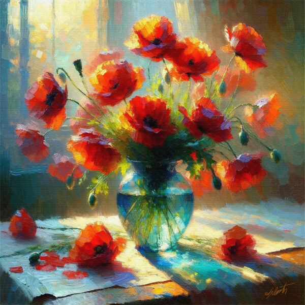 Poppies In Light flowers acrylic 40x40 by Sam Schwartz