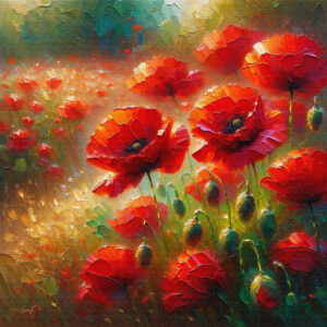 Poppies On A Path flowers acrylic 40x40 by Sam Schwartz