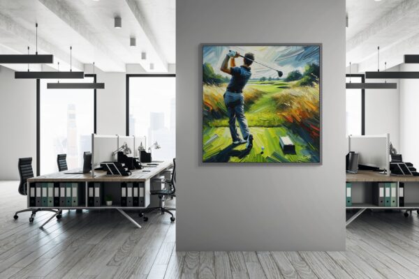 Practice Swing golf acrylic 40x40 by Sam Schwartz room