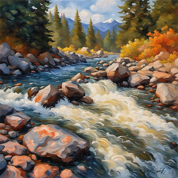 Rushing landscape acrylic 40x40 by Sam Schwartz