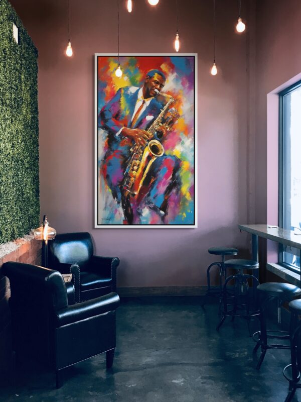 Sax music acrylic 40x70 by Sam Schwartz room