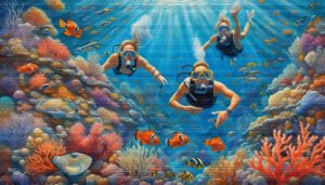 Scuba Threesome wildlife acrylic 70x40 by Sam Schwartz