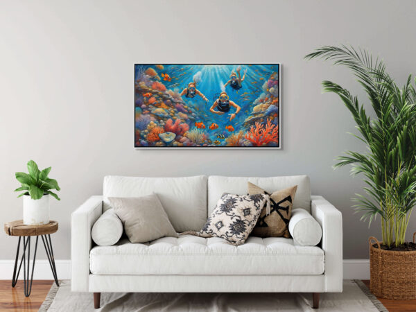 Scuba Threesome wildlife acrylic 70x40 by Sam Schwartz room