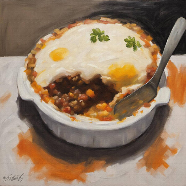 Shepards Pie food acrylic 40x40 by Sam Schwartz