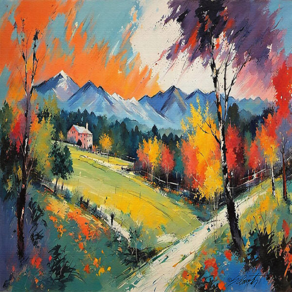 Small Cabin landscape acrylic 40x40 by Sam Schwartz