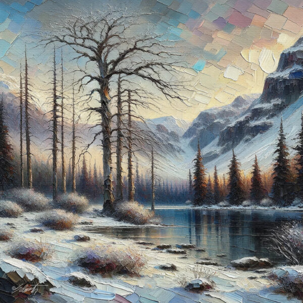 Snow Lakes landscape acrylic 40x40 by Sam Schwartz