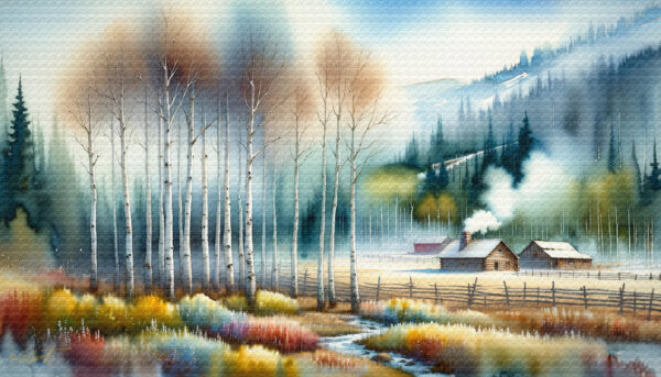 Soft Farm Valley landscape watercolor 70x40 by Sam Schwartz