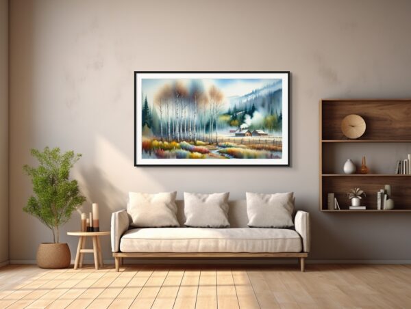 Soft Farm Valley landscape watercolor 70x40 by Sam Schwartz room