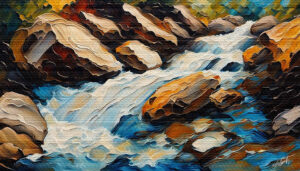 Stream Rocks landscape acrylic 70x40 by Sam Schwartz