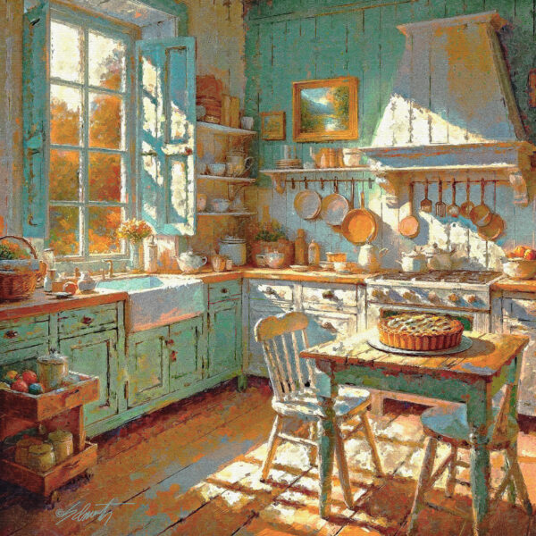 Teal Kitchen interiors acrylic 40x40 by Sam Schwartz