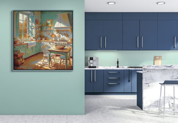 Teal Kitchen interiors acrylic 40x40 by Sam Schwartz room