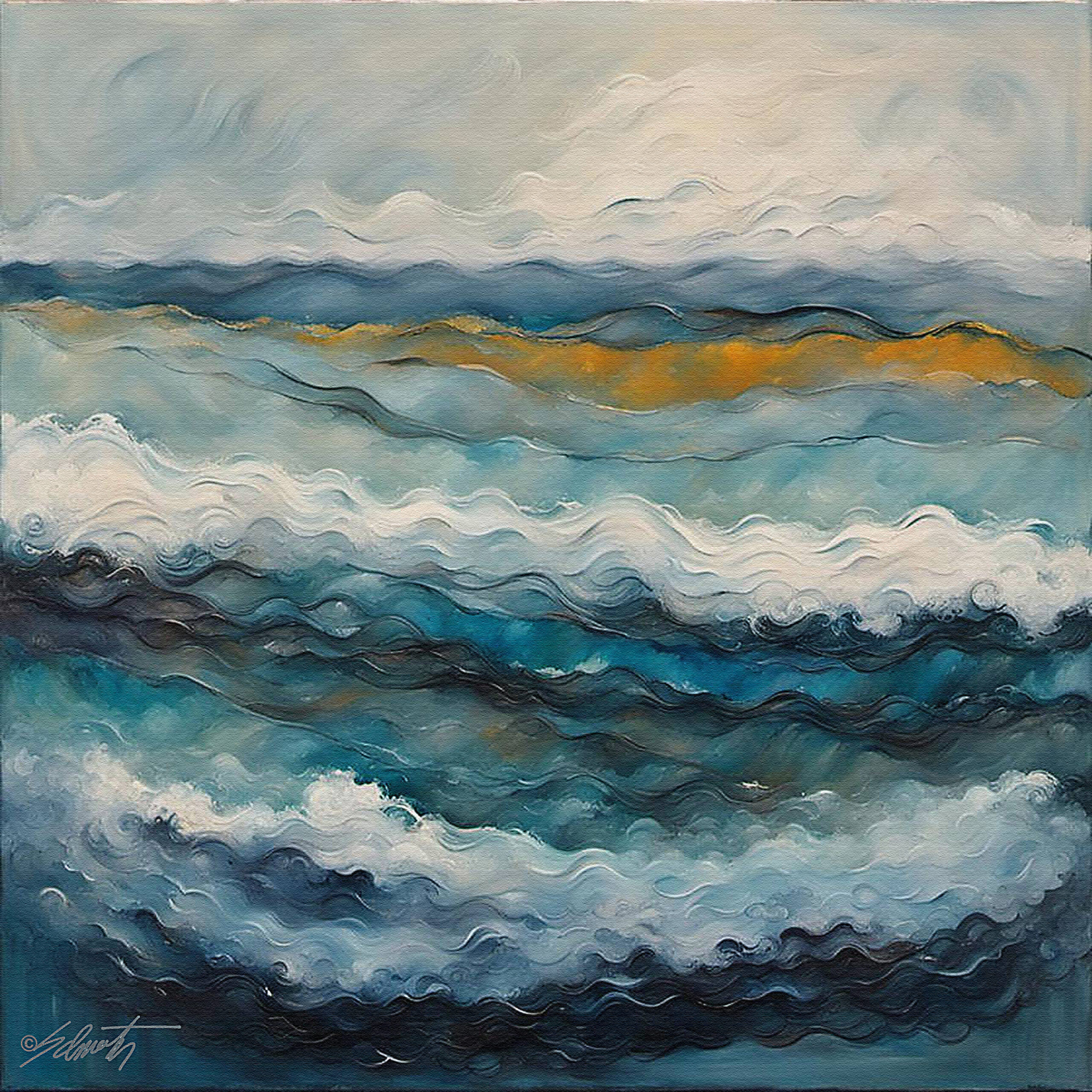 Teal Waves abstract acrylic 40x40 by Sam Schwartz 1 scaled