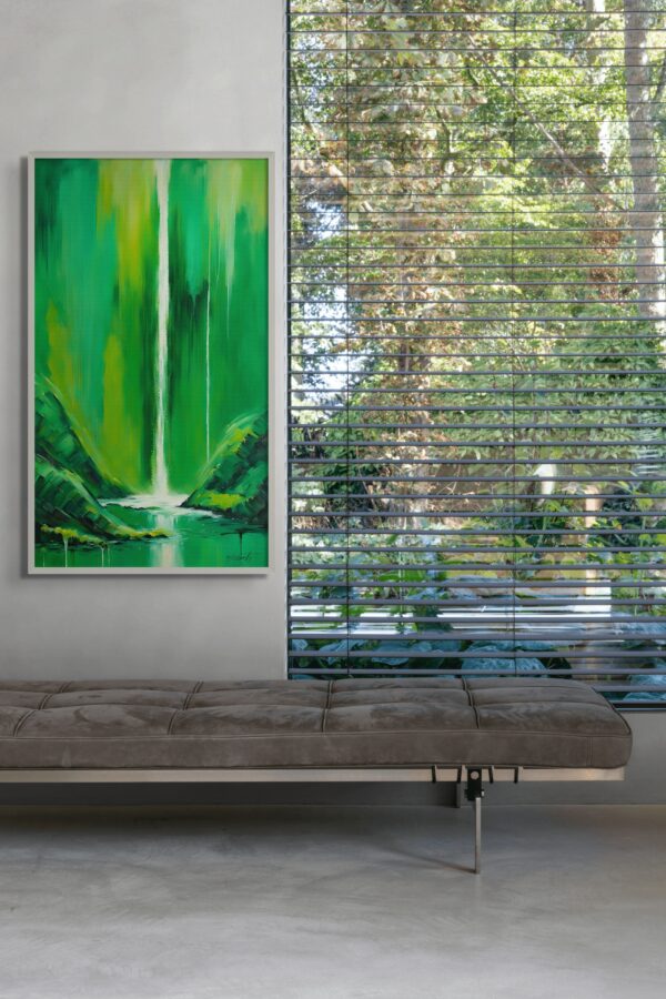 Tropic Falls landscape acrylic 40x70 by Sam Schwartz room