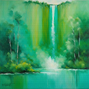 Tropical Falls landscape acrylic 40x40 by Sam Schwartz