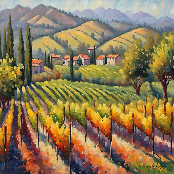 Village Harvest landscape acrylic 40x40 by Sam Schwartz