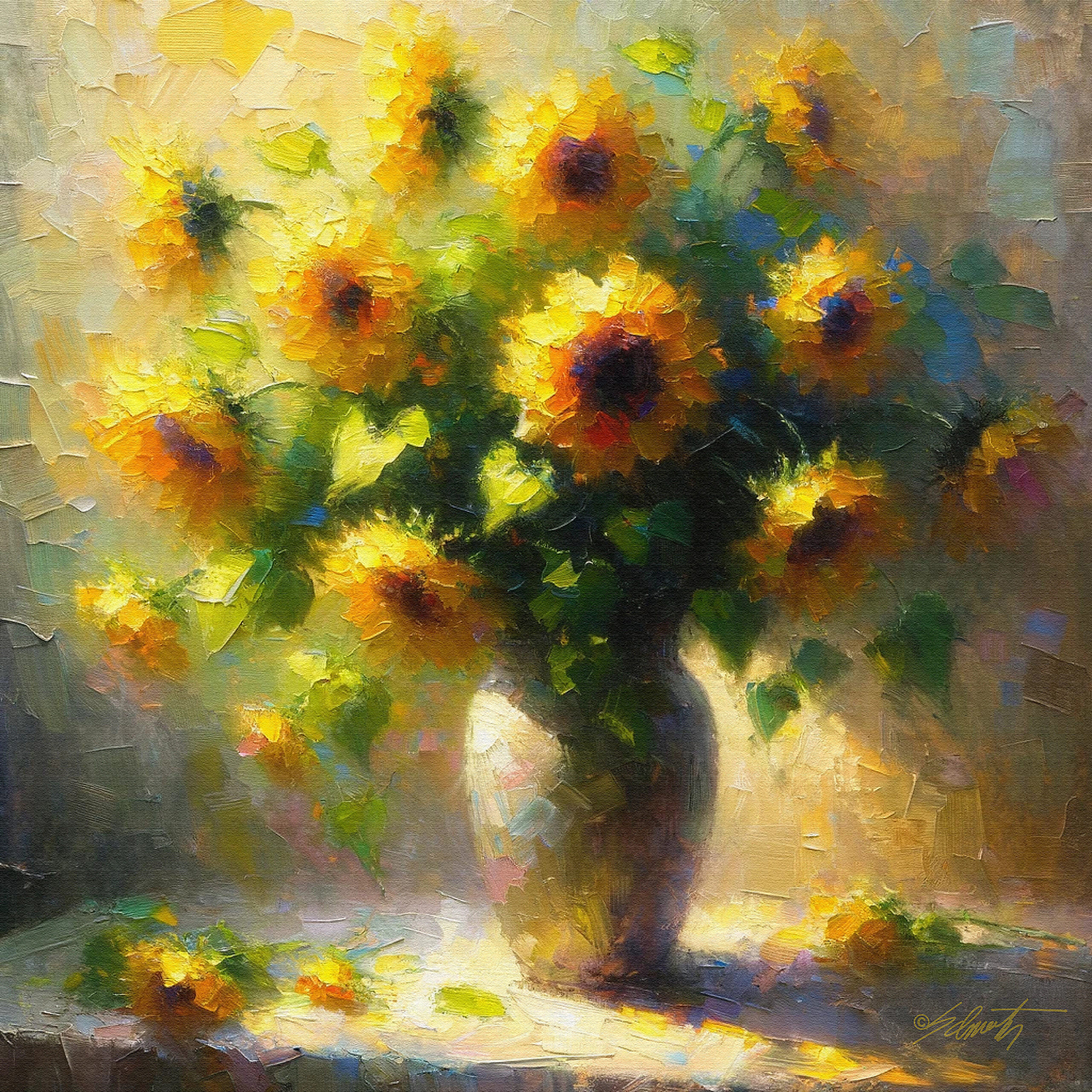 Vintage Sunflowers flowers acrylic 40x40 by Sam Schwartz