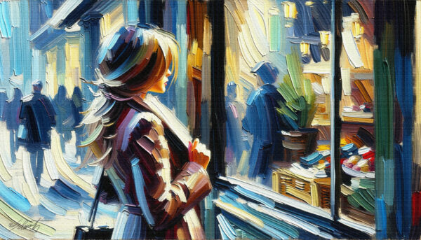 Window Shopping woman acrylic 70x40 by Sam Schwartz