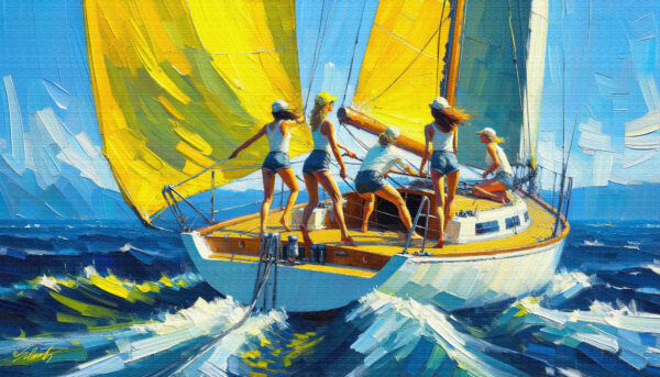 Yellow Sails women acrylic 70x40 by Sam Schwartz