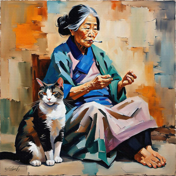 Old Woman Cat1 24x24 acrylic by Sam Schwartz