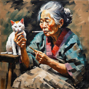 Old Woman Cat2 24x24 acrylic by Sam Schwartz