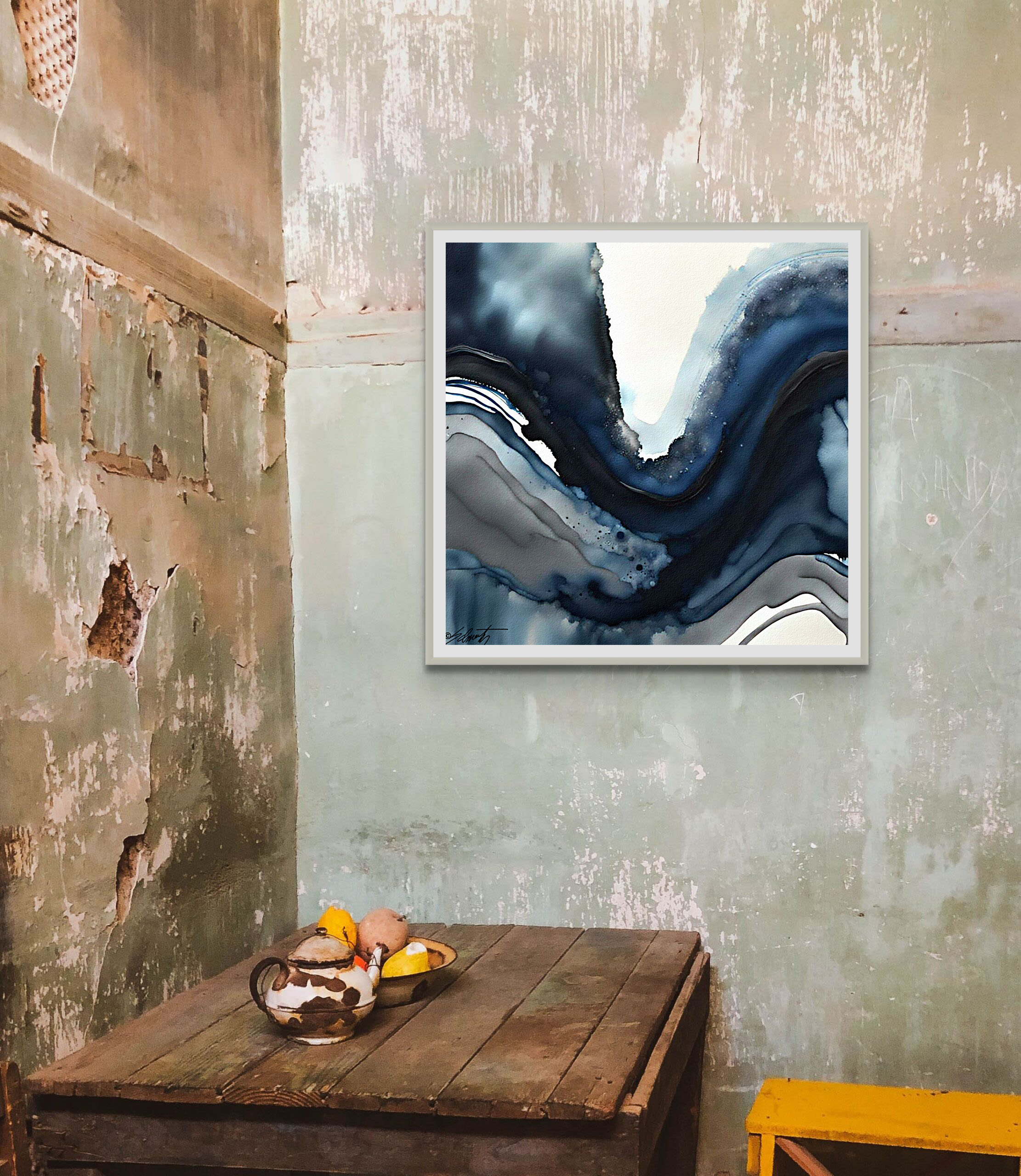 Blue Bend Watercolor 24x24 by Sam Schwartz room