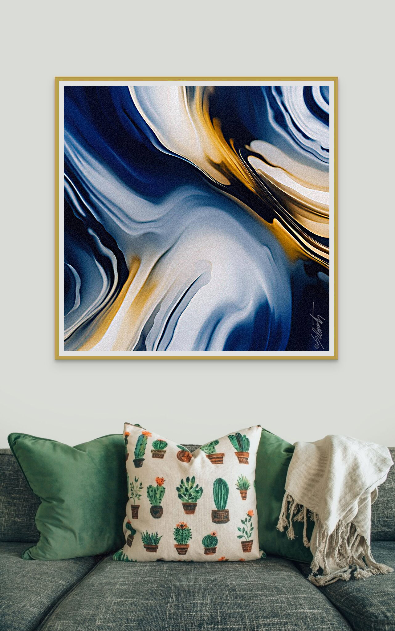 Blue Gold Horizon Watercolor 24x24 by Sam Schwartz room