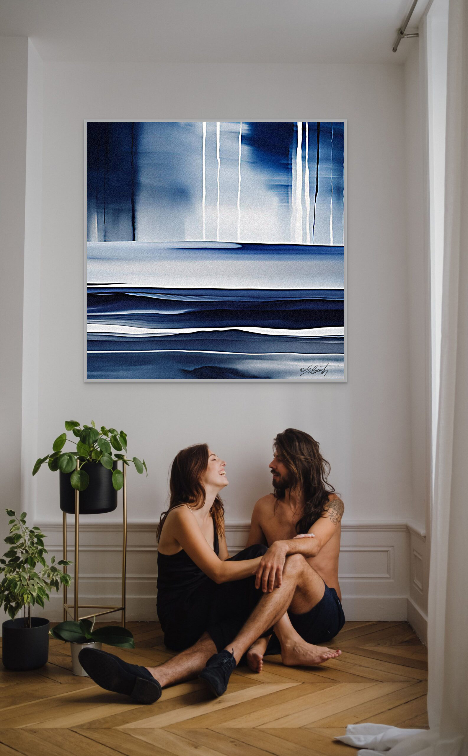 Blue Horizon Watercolor 24x24 by Sam Schwartz room