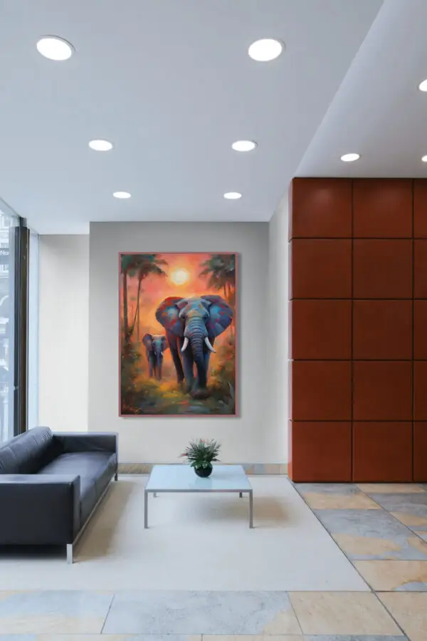 Elephant Sunset Acrylic 20x30 by Sam Schwartz room