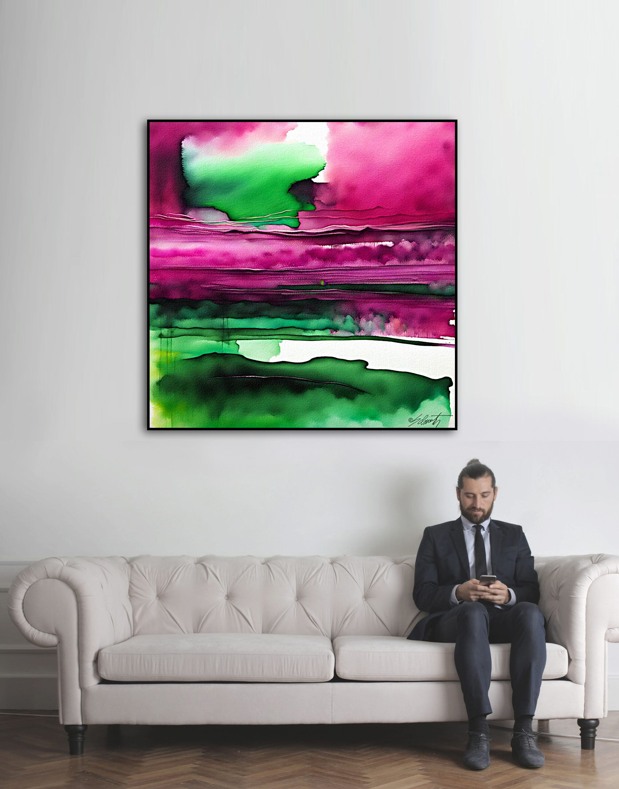 Emerald Pond Watercolor 24x24 by Sam Schwartz room