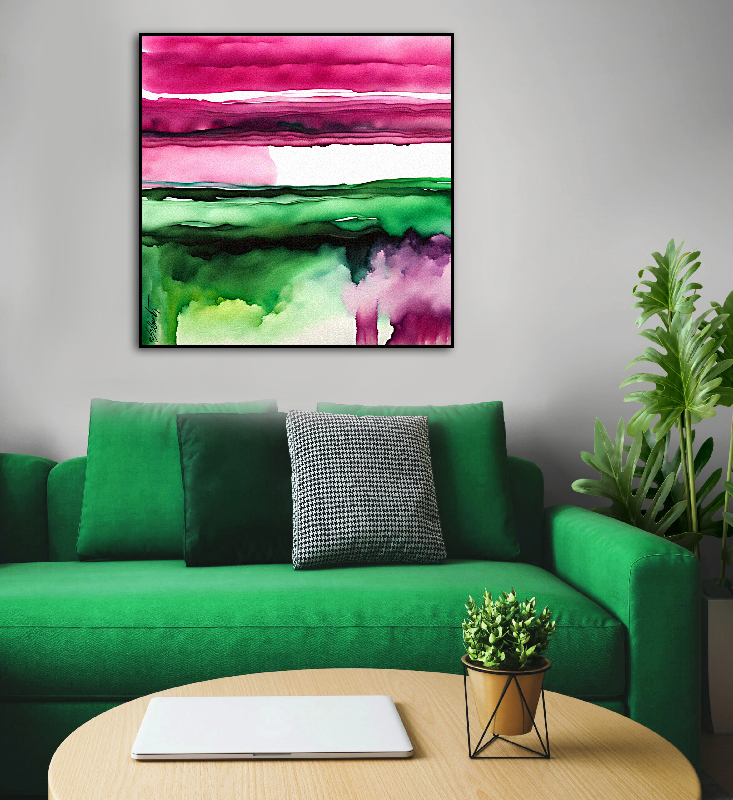 Magenta Sky Watercolor 24x24 by Sam Schwartz room