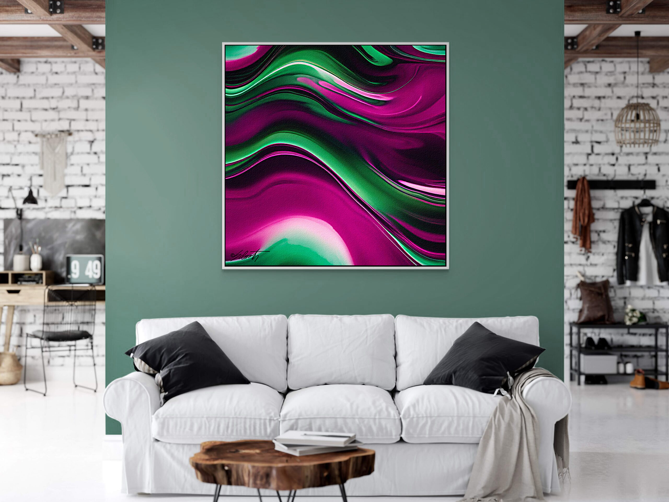 Magenta Swirl Watercolor 24x24 by Sam Schwartz room